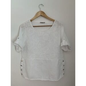 Lungo L'arno Linen Top Italy M Pearl Buttons Embroidery White Lagenlook Coastal